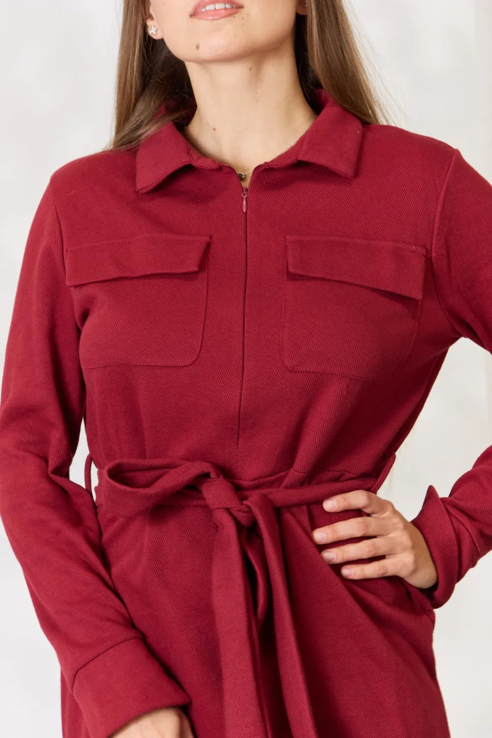 Culture Code Full Size Tie Front Half Zip Long Sleeve Shirt Dress c2707274a4844baab6276a36b805457c-Max