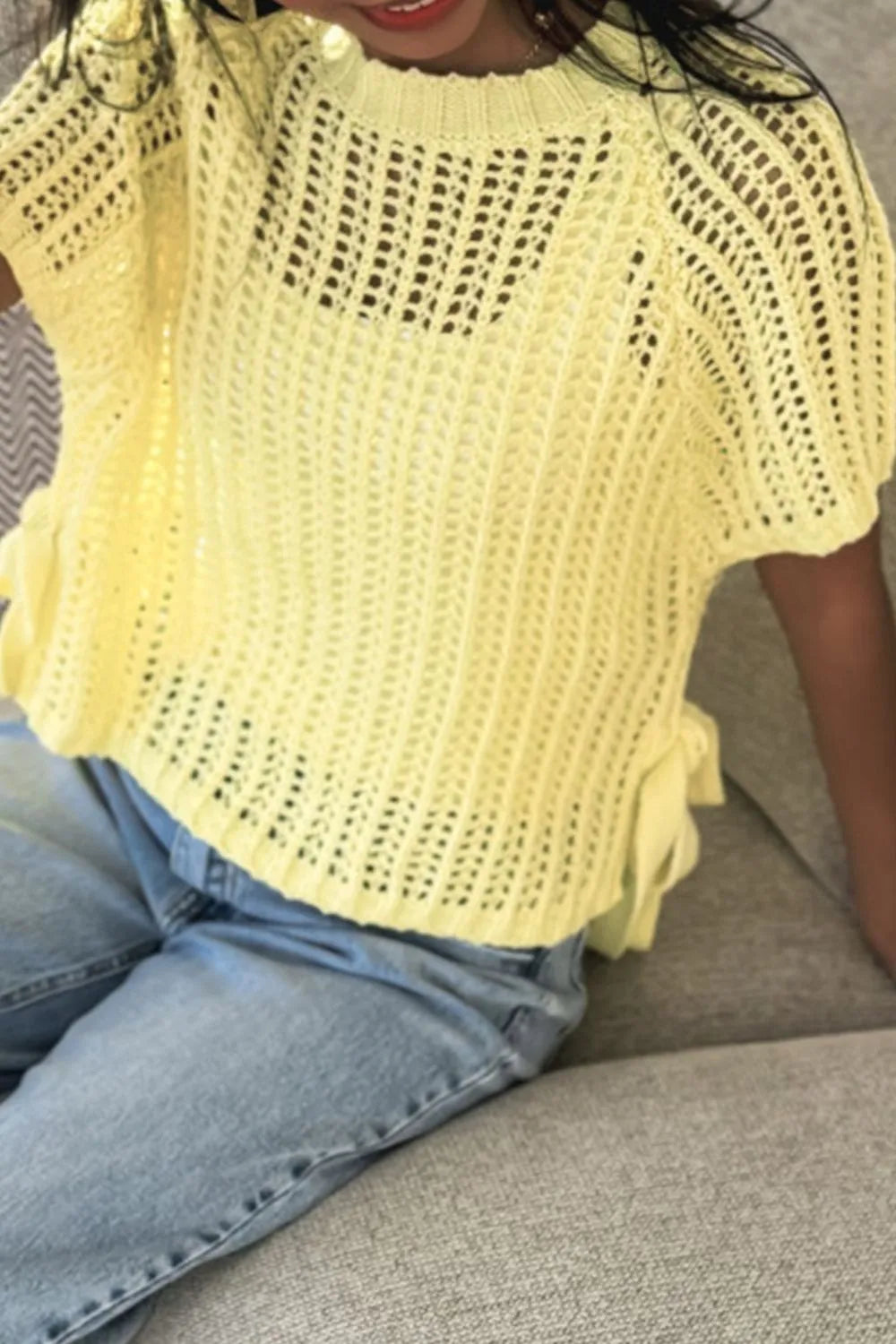 Hollow-out Crochet Side Tied Short Sleeve Knit Cover Up c27806de-3e19-4c68-b7a5-15c9832ded1e-Max-Origin