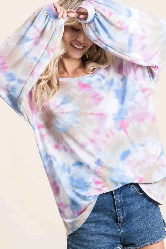 Tie Dye Print Terry Top With Puff Sleeves c2795e5869474ef3952d0d22cadd81d0-Max-Origin