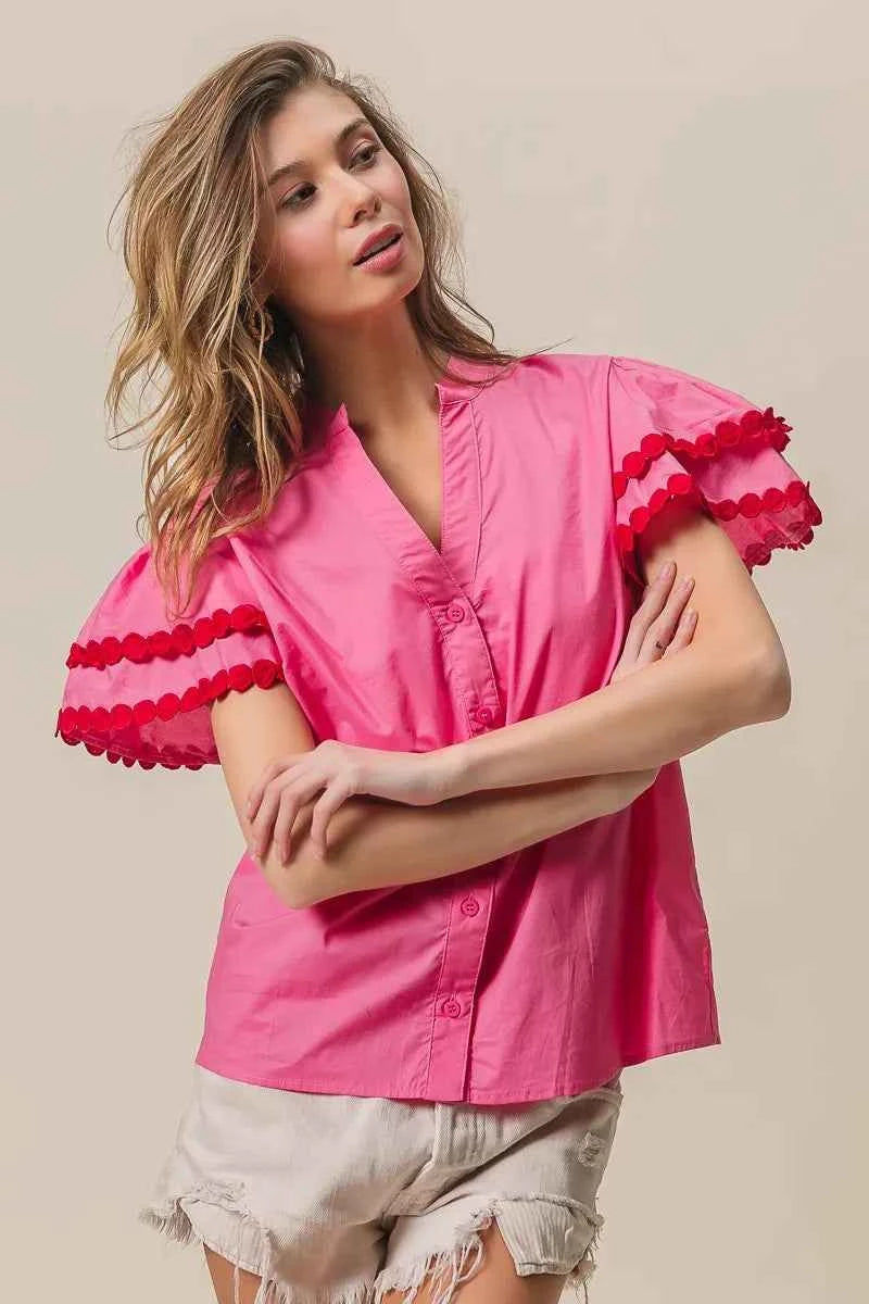 BiBi Dot Trim Flutter Sleeve Notched Top c279bb68de36421fbdbef46c3fb832db-Max-Origin