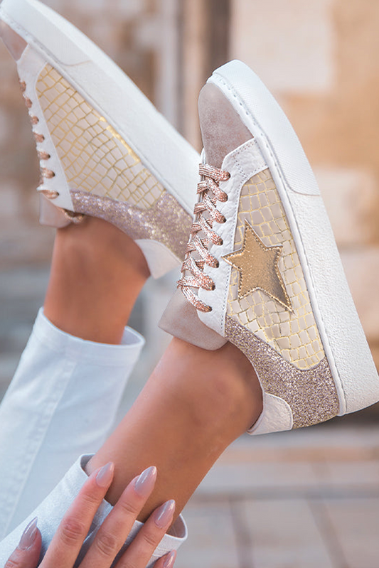 Gold Glitter Star Patchwork PU Leather Lace-up Sneakers c27cb67c6418e4c2