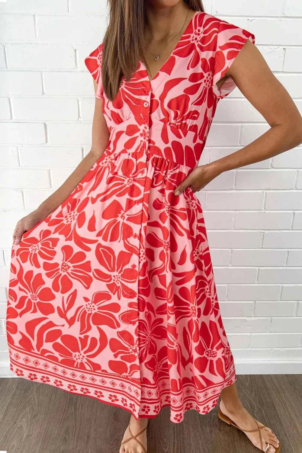 Floral Ruffled V-Neck Midi Dress with Button Front Coral c27d6109-abf5-4041-bbeb-6676d6c901bd-Max-Origin