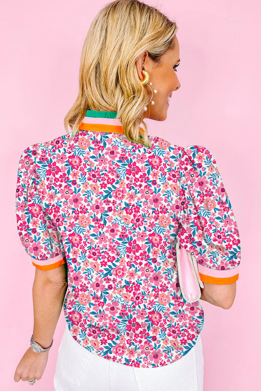 Pink Floral Print Striped Trim Puff Sleeve Blouse c280453c1b9be1c2