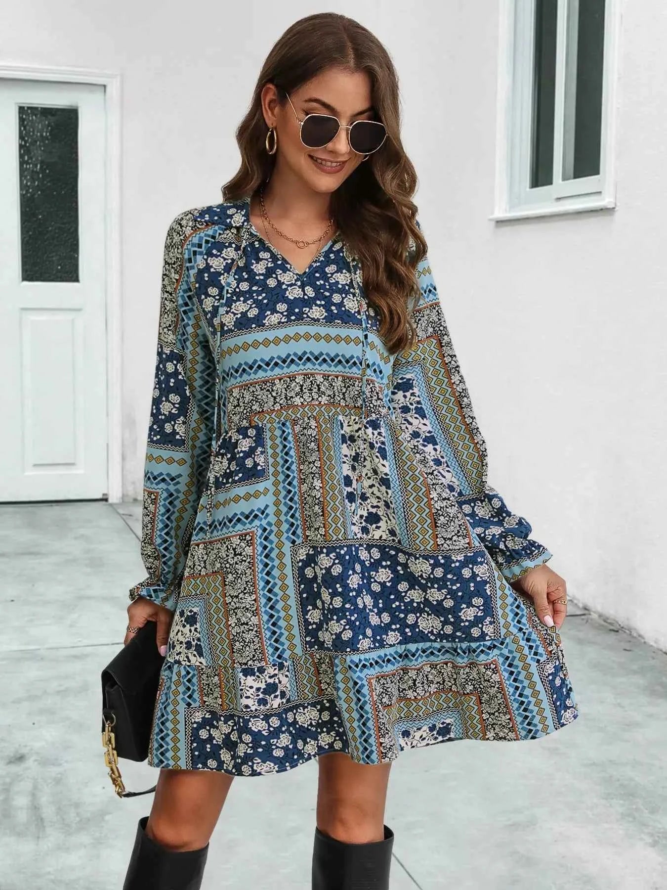 Boho Floral Print Long Sleeve Mini Dress c283f1e5-0ed0-46c4-9433-12ea4115a95c-Max-Origin
