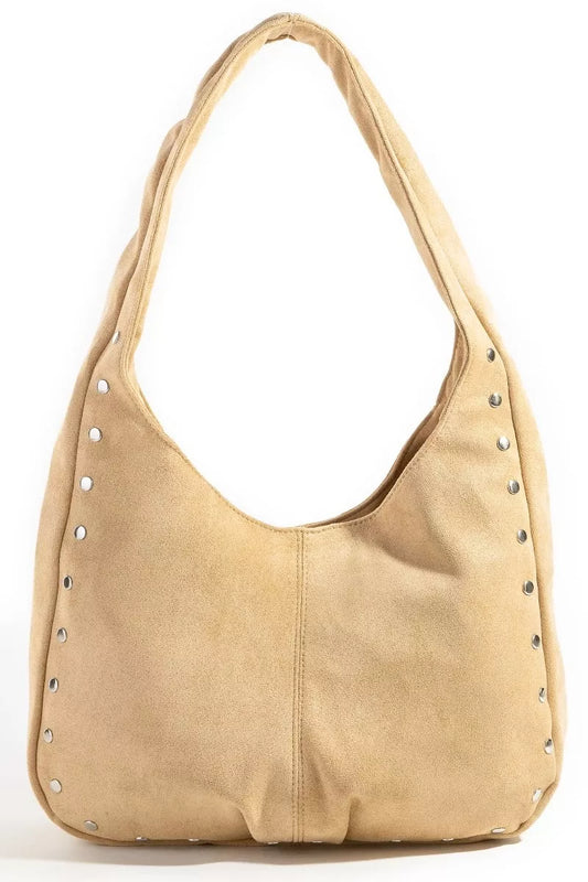 Fame Faux Suede Studded Trim Hobo Bag KA one size c2842aea29de4ed3b2bbd7cb124c766e-Max-Origin