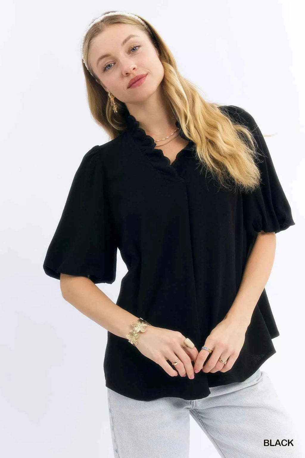 Umgee Linen Scallop Trim V-Neck Blouse