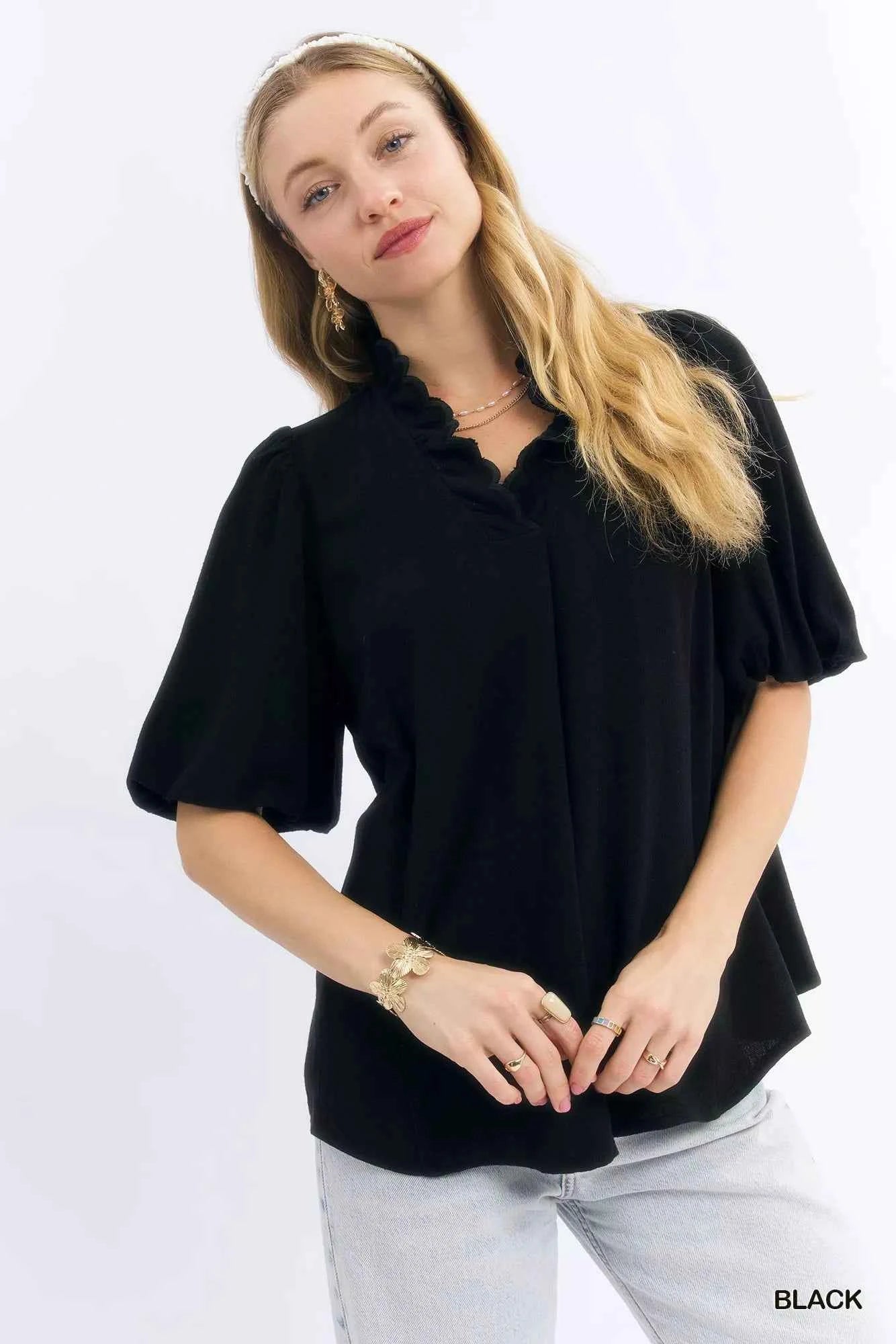 Umgee Linen Scallop Trim V-Neck Blouse
