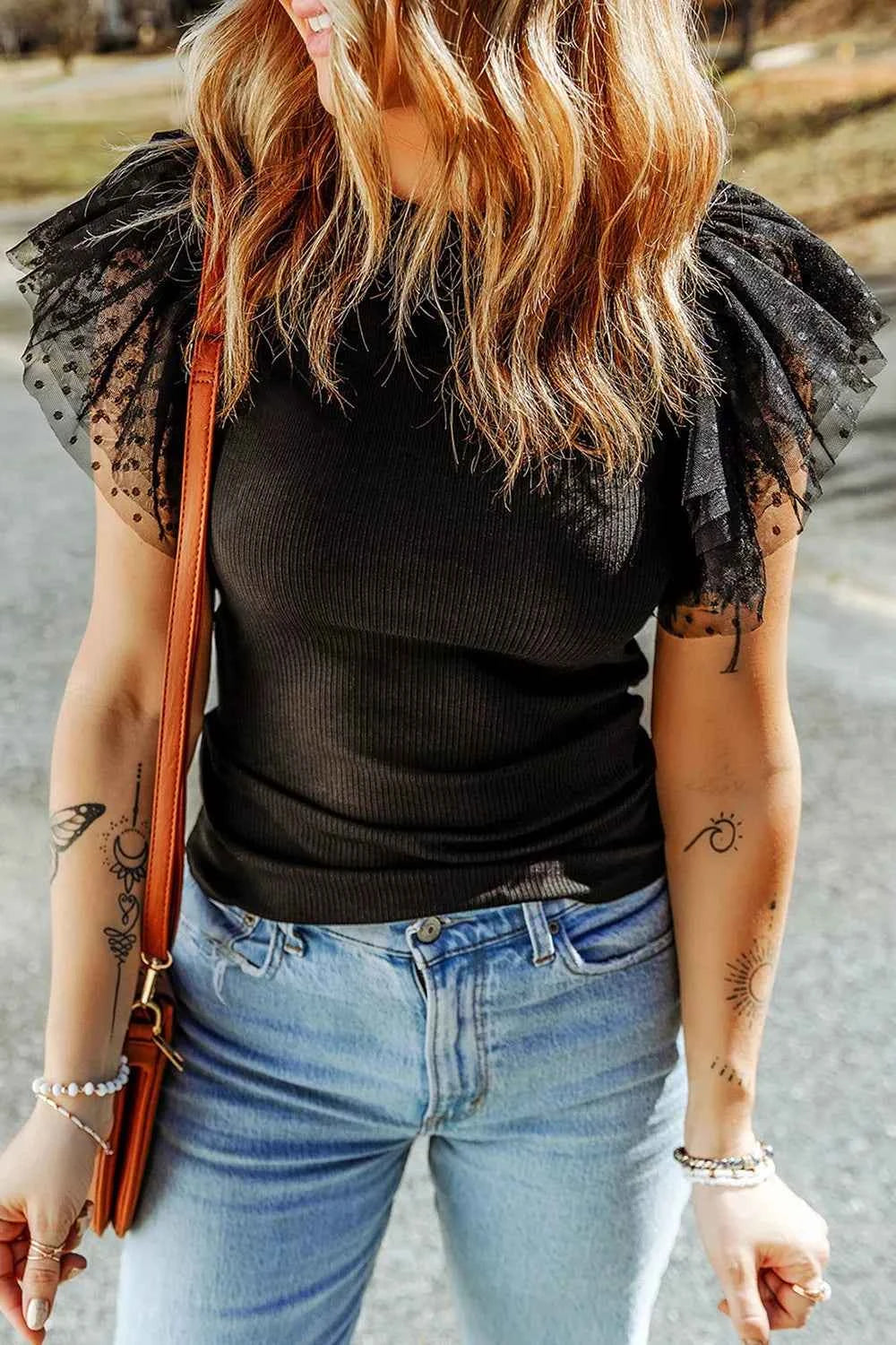 Polka Dot Mesh Sleeve Ribbed Top c2884a0e-138f-451c-9721-5746205d059c-Max-Origin