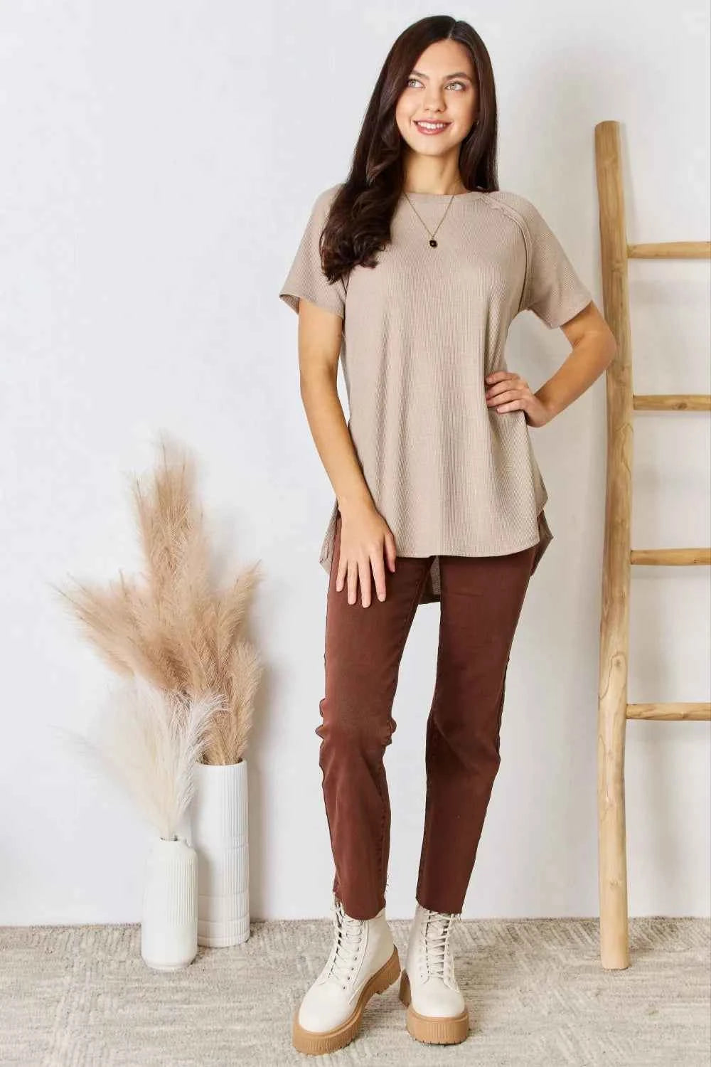 Zenana Baby Waffle Short Sleeve Slit High-Low T-Shirt c28e616a-39a1-4fe2-bd7a-49e141c59f37-Max