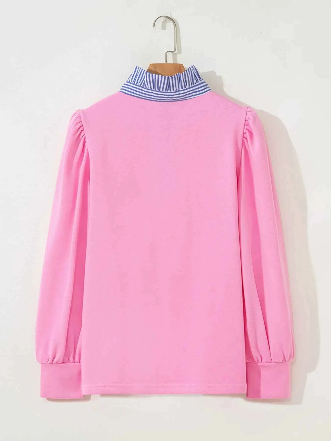 Striped Collar Patchwork Puff Sleeve Sweatshirt c296ca38dd3246e3b2162d0c1ea3050f-Max-Origin