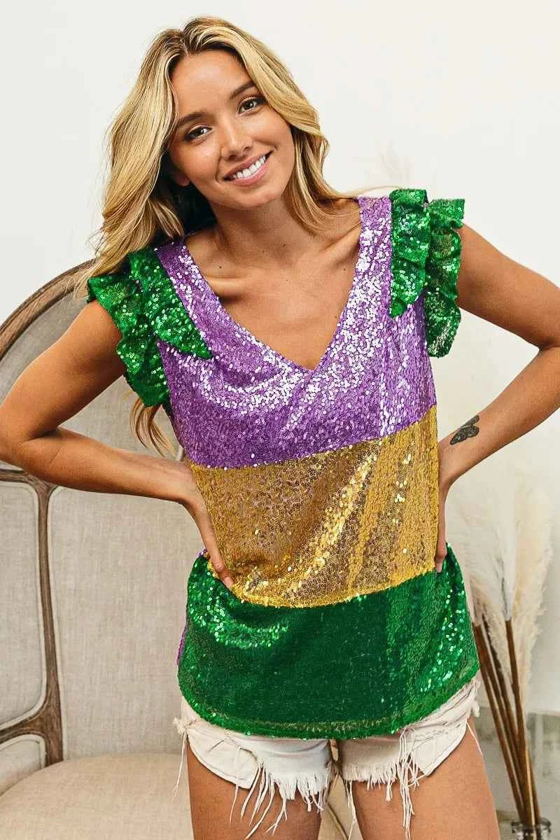BiBi Mardi Gras Sequin Color Block Ruffled Top c29aaedb00a14f0f915ecb612091d4b8-Max-Origin