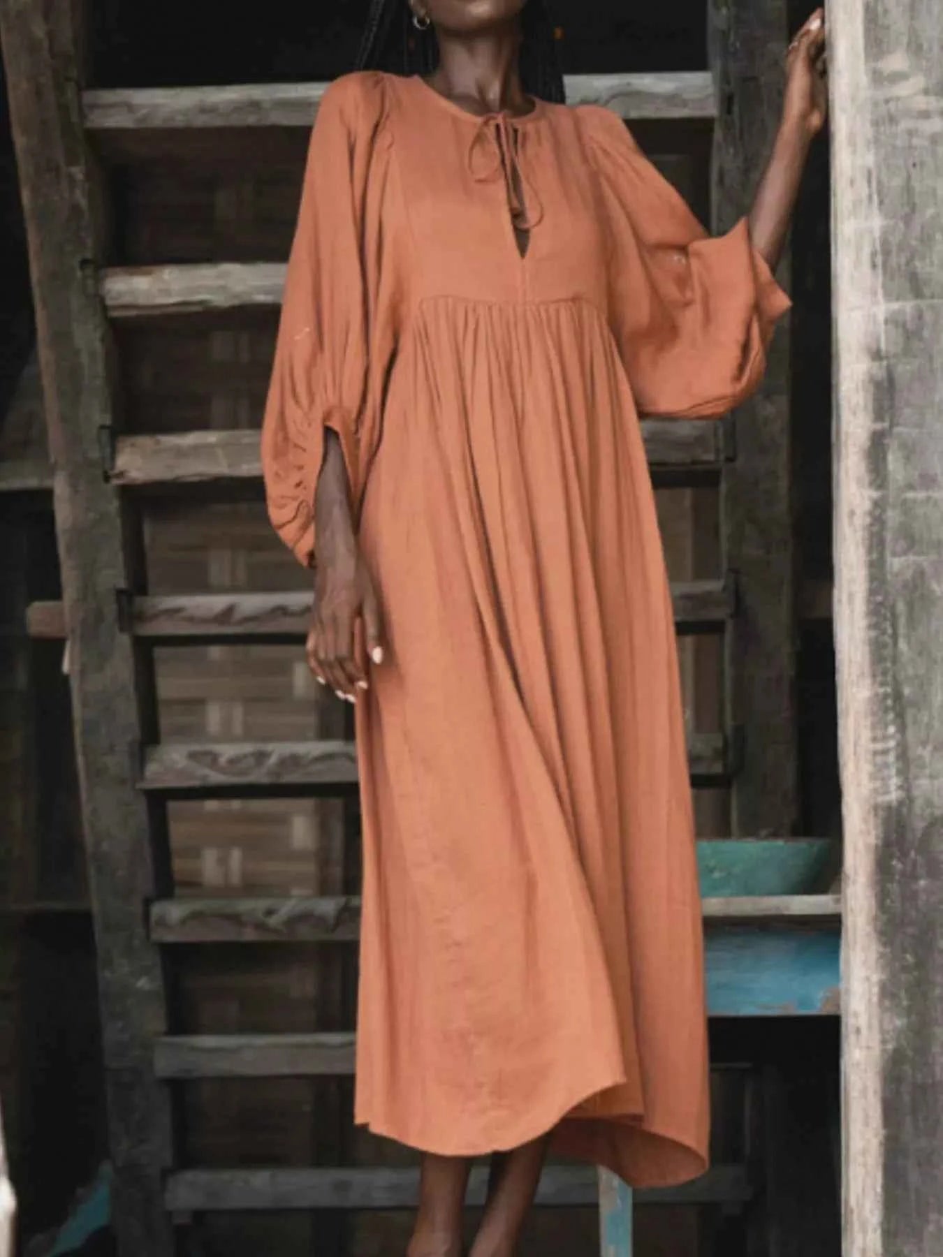 Tie Neck 3/4 Sleeve Midi Dress c2a80b4f-bc9c-4438-ad36-debbec0c4bb6-Max-Origin