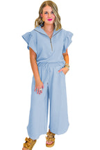 Pink Textured Ruffle Sleeve Zipped Top and Wide Leg Pants Set c2b2fc3476b67974