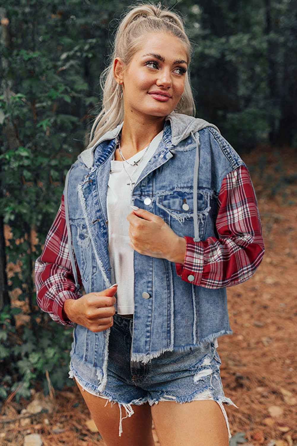 Beau Blue Plaid Print Patchwork Hooded Raw Hem Denim Jacket c2b711fe1d8721b2