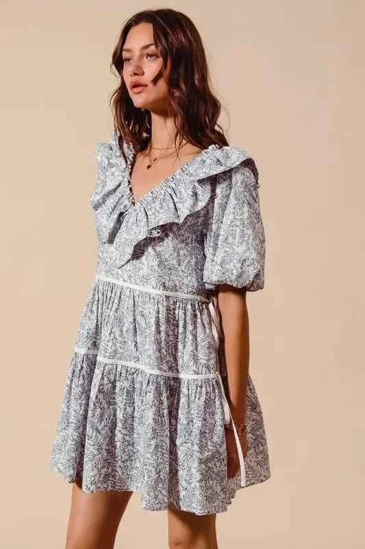 SO ME Cotton Printed Ruffle V Neckline Dress with Side Tie c2b8eda4125c47808f2409cb7d3abeef-Max-Origin