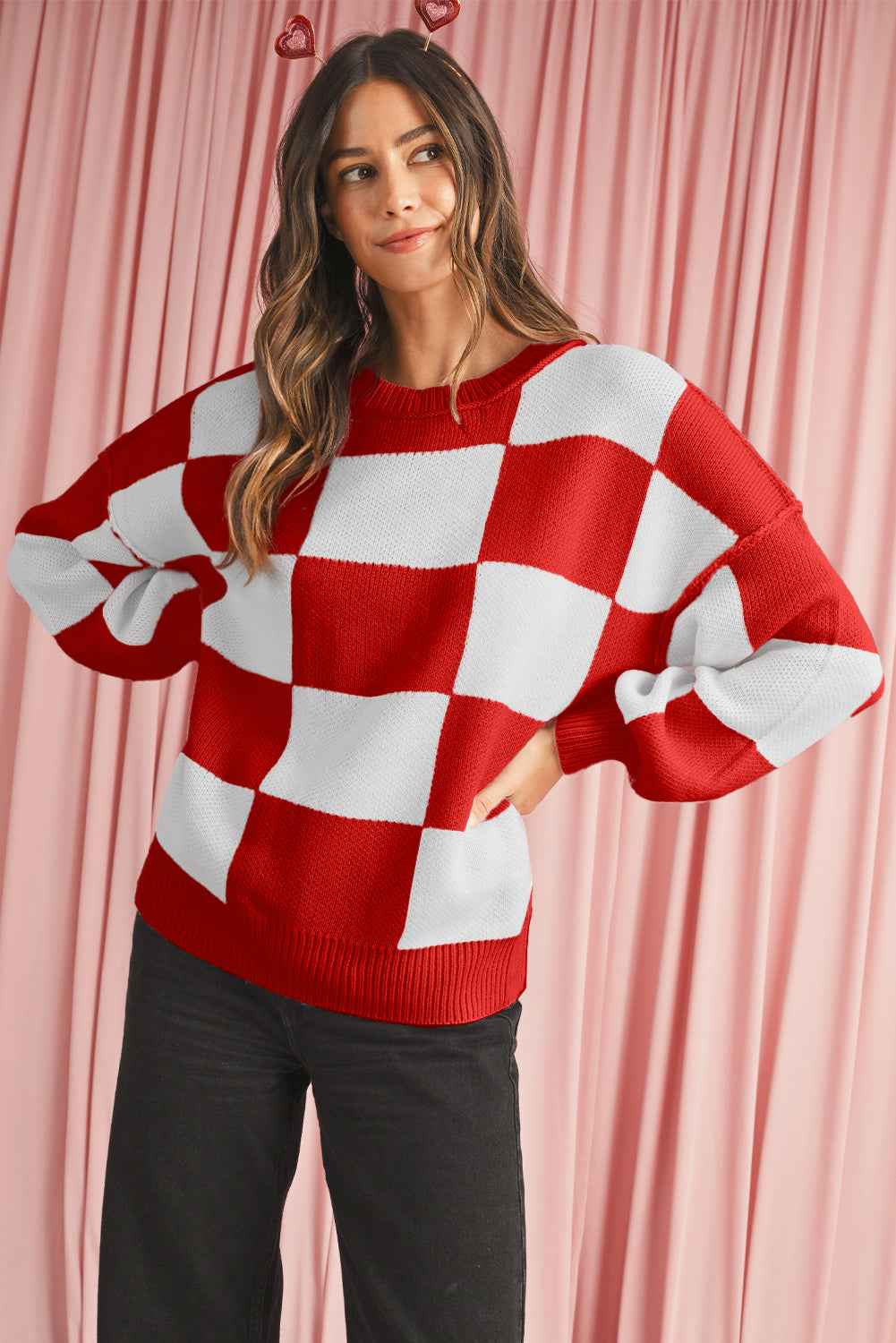 Fiery Red Plaid Bishop Sleeve Pullover Sweater c2b94509571e0d26