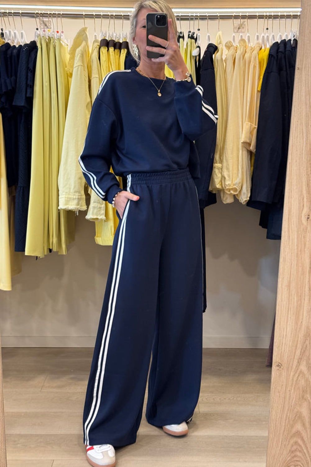 Dirty Blue Varsity Striped Detail Cropped Pullover Wide Leg Pants 2pcs Outfit c2bb6352edf803a8