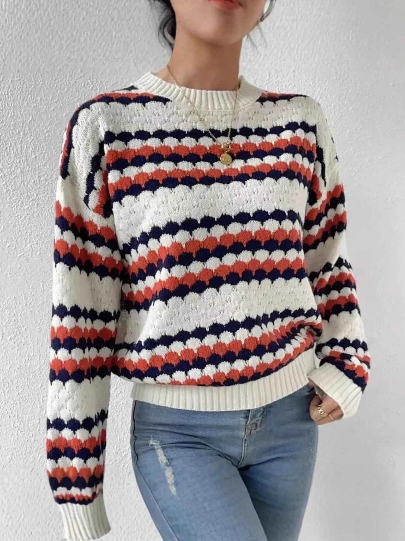 Striped Pattern Round Neck Sweater c2bcb7fd6e3e4201835c0ed75968aa70-Max-Origin