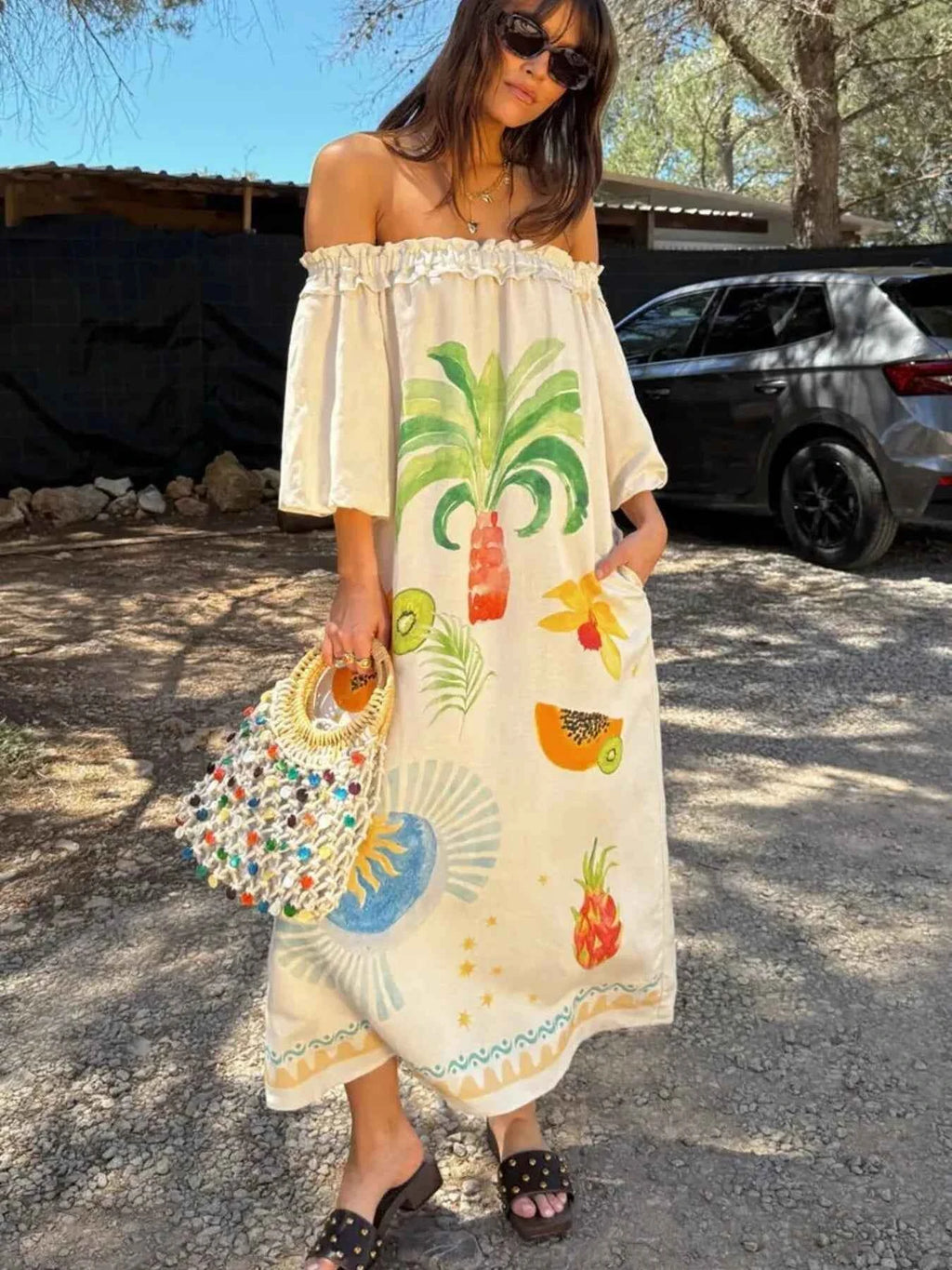 Frill Printed Off-Shoulder Dress Color c2bdfcaed96645a68101990cb3ce13a4-Max-Origin