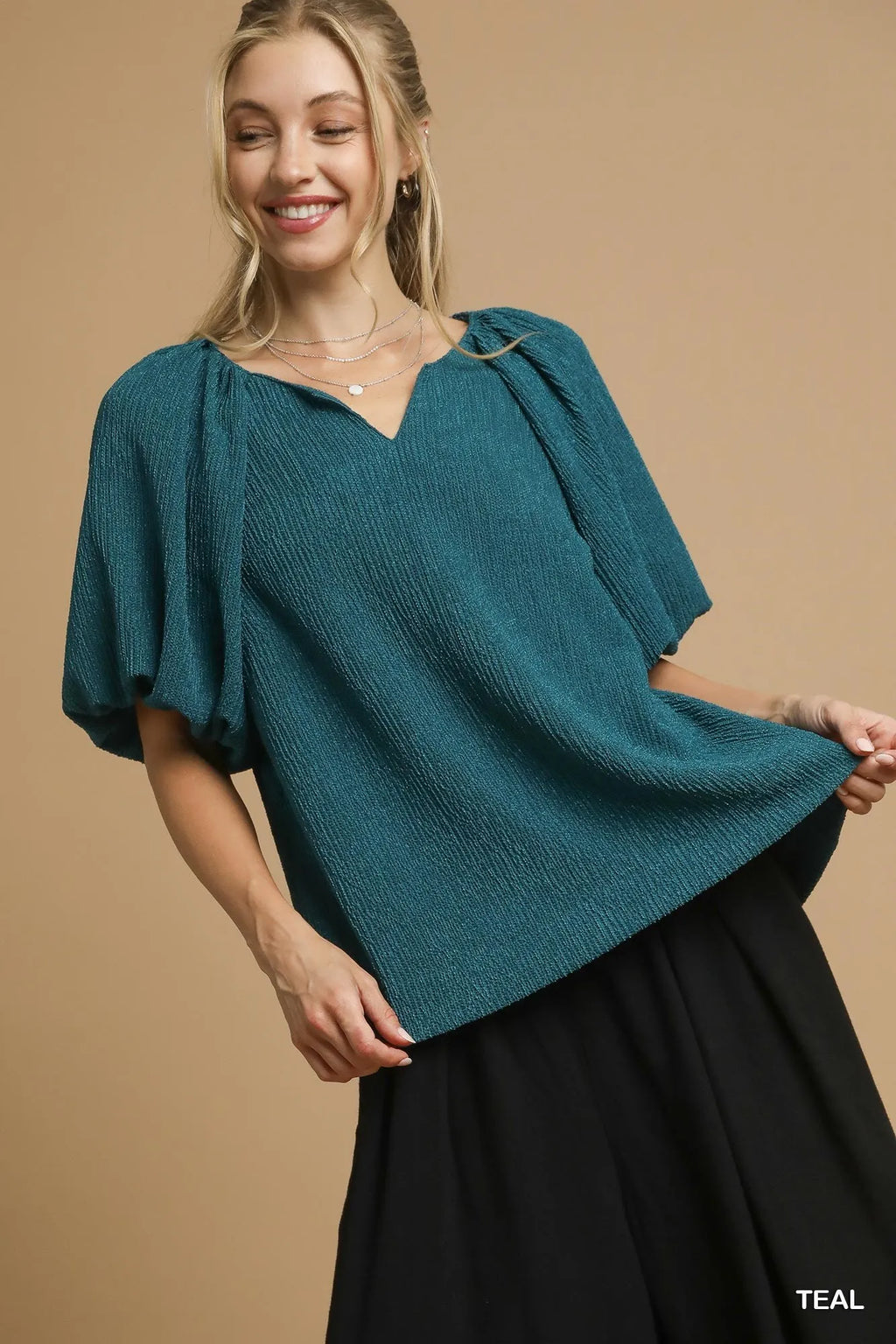Umgee Textured Flutter Sleeve Notch Neck Top TEAL c2c04f75-7b34-421f-9a4a-26adb6264b1a-Max-Origin