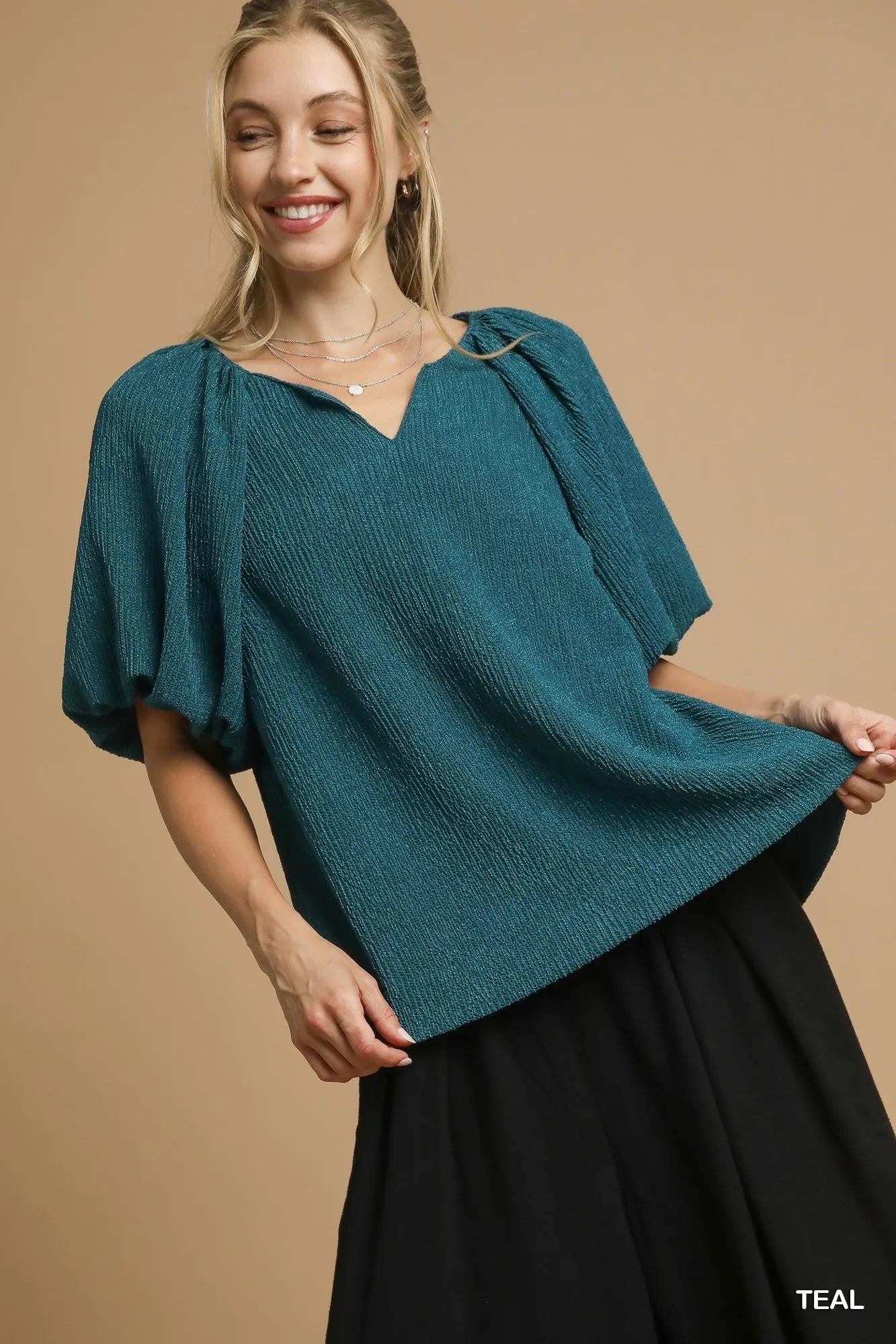 Umgee Textured Flutter Sleeve Notch Neck Top TEAL c2c04f75-7b34-421f-9a4a-26adb6264b1a-Max-Origin