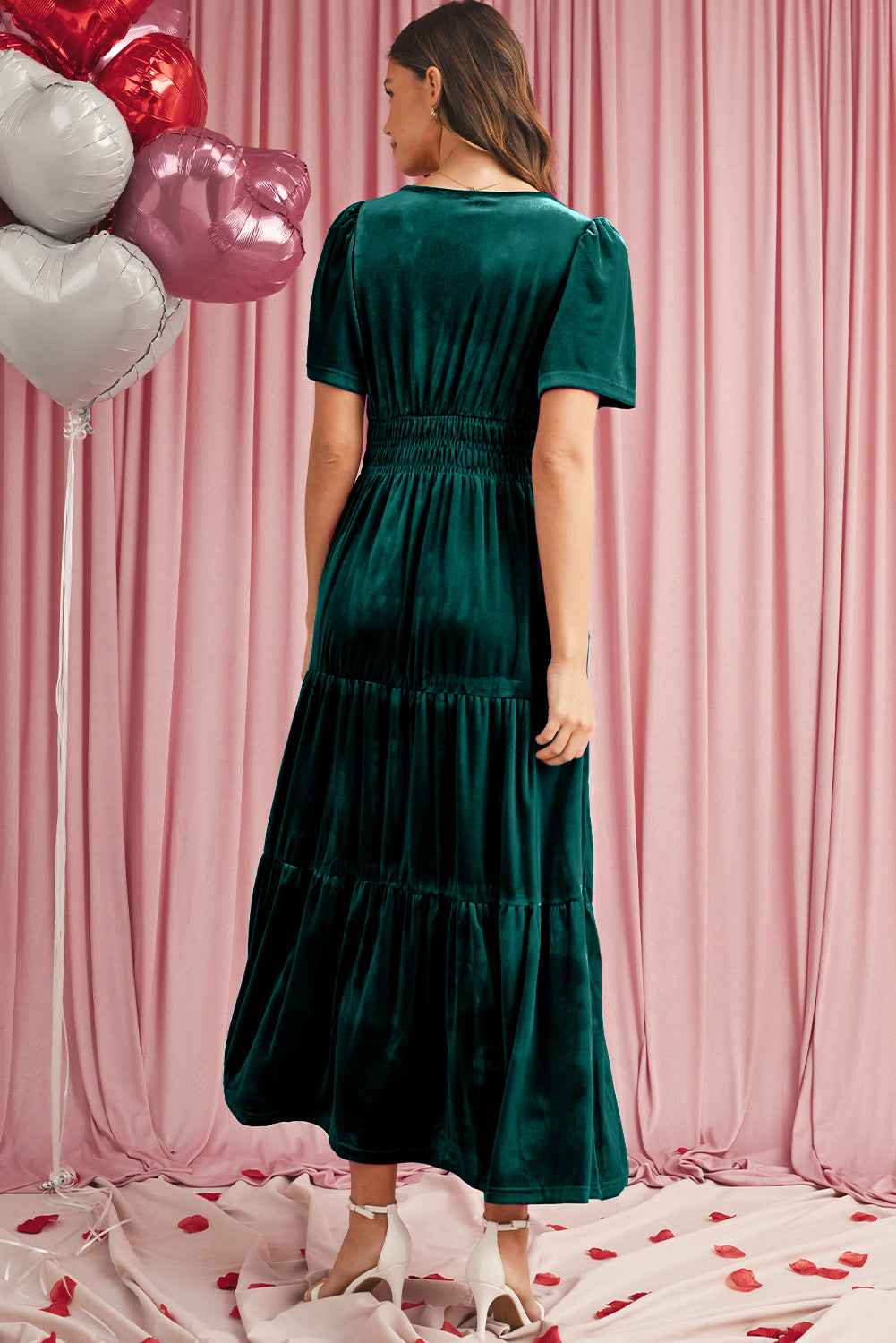 Prussian Blue Velvet Short Sleeve Shirred Waist Tiered Maxi Dress c2caa984f934172d