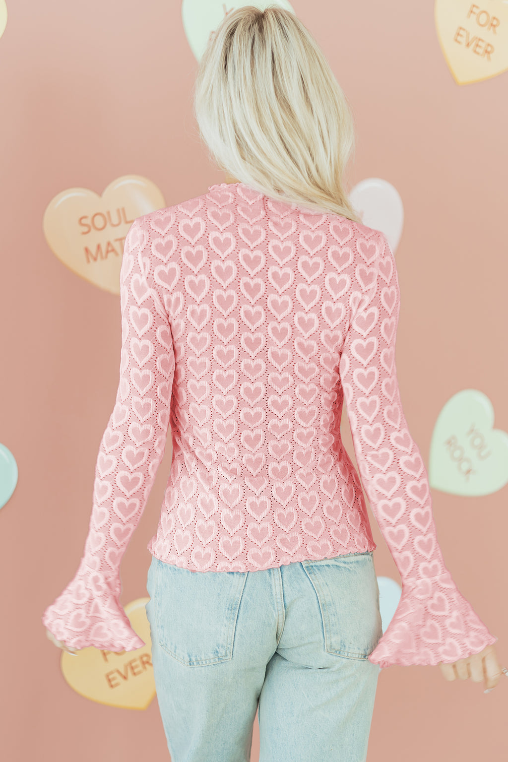 Gossamer Pink Heart Jacquard Flare Sleeve Mock Neck Fitted Top c2cc16e5d5ce71c8