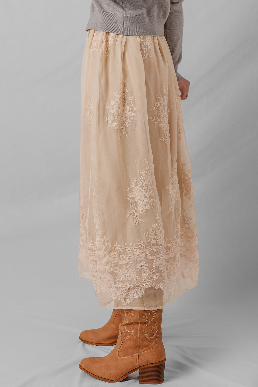 Oatmeal Embroidered Mesh Overlay Flowy Long Skirt c2cc43f8644c7b64