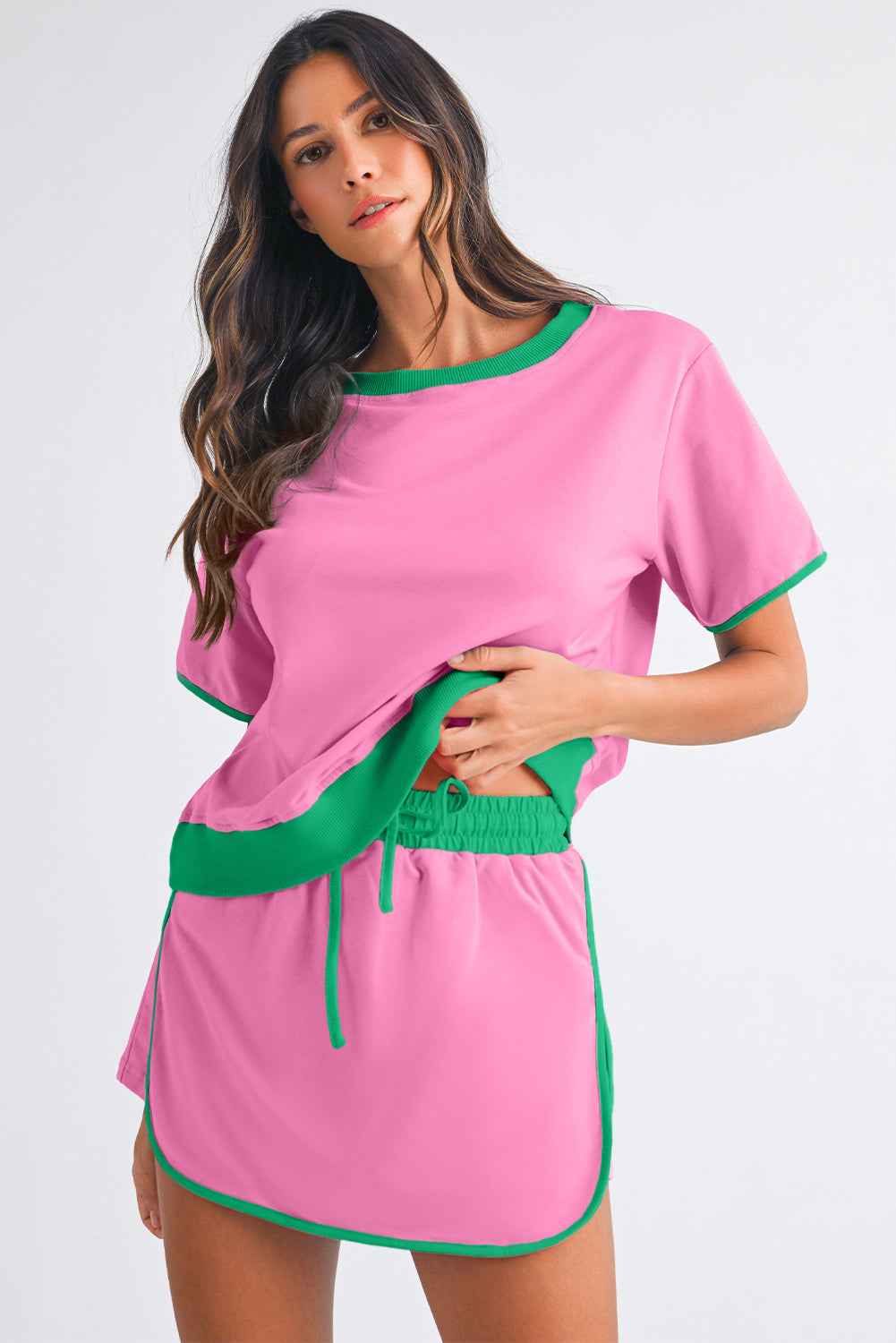 Black Colorblock Edge Drop Shoulder T Shirt and Skort Set c2cc548e894e33b0