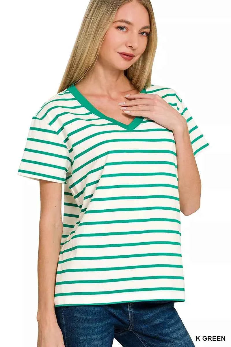 Zenana Striped V-Neck Short Sleeve T-Shirt K GREEN c2d39b17cc064cf2af54b08698727456-Max-Origin