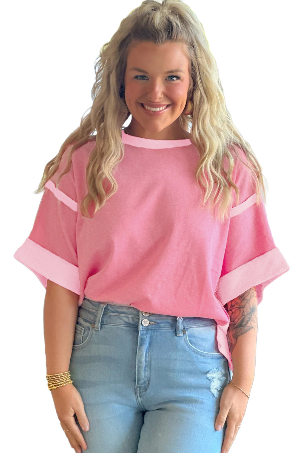 Peach Blossom Color Block Patchwork Plus Size Top c2d7f5bcc3c33368