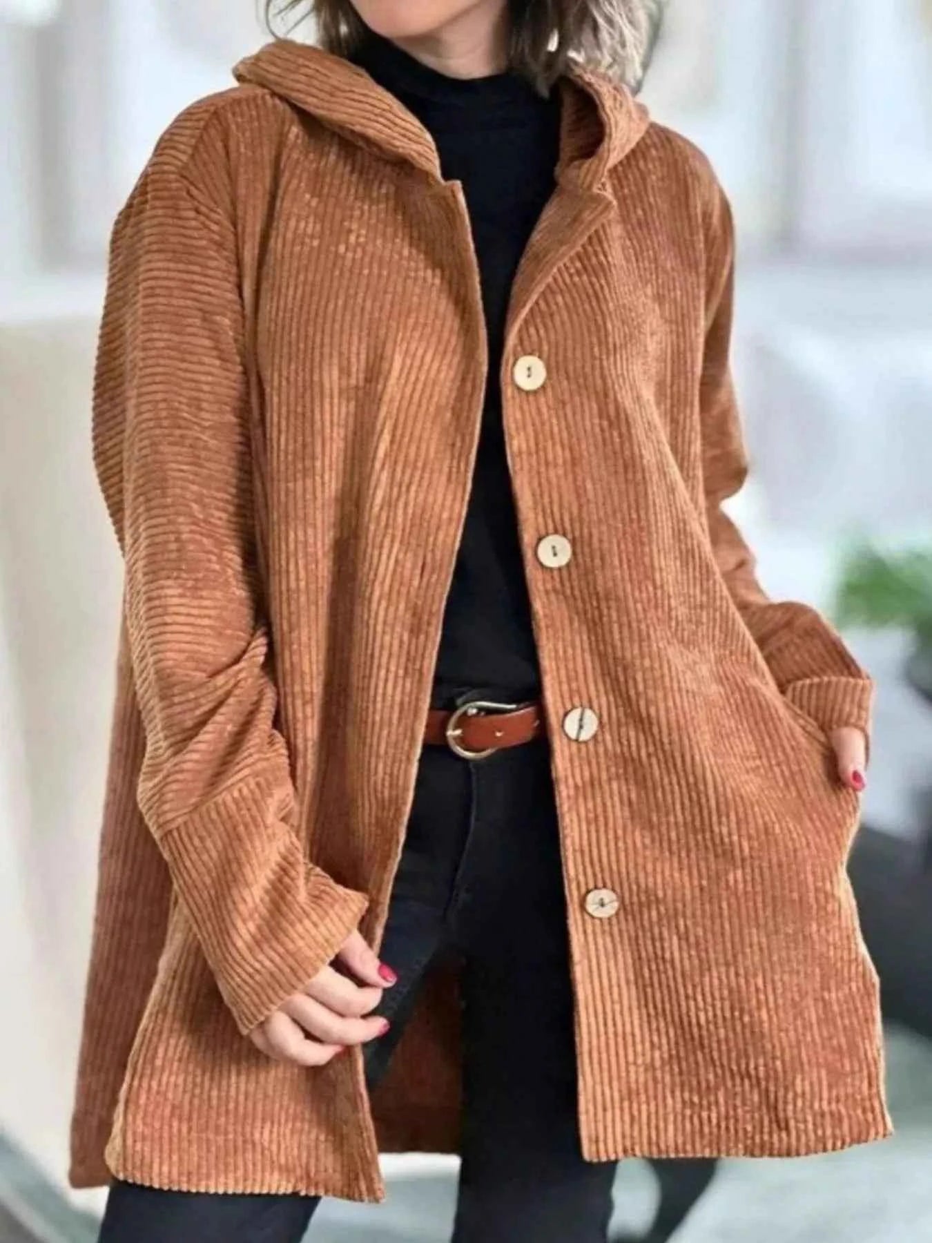 Full Size Corduroy Hooded Button-Up Jacket Plus Size Light Brown c2dc1e84-69fa-41a2-894c-4c794e752f42-Max-Origin