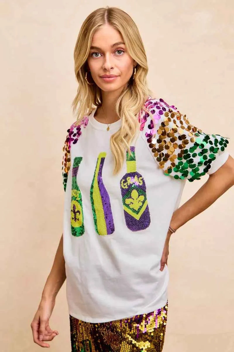 BiBi Sequin Mardi Gras Bottles Spangled Sleeve Top c2dd0d69146f4823b3c30630144db38e-Max-Origin