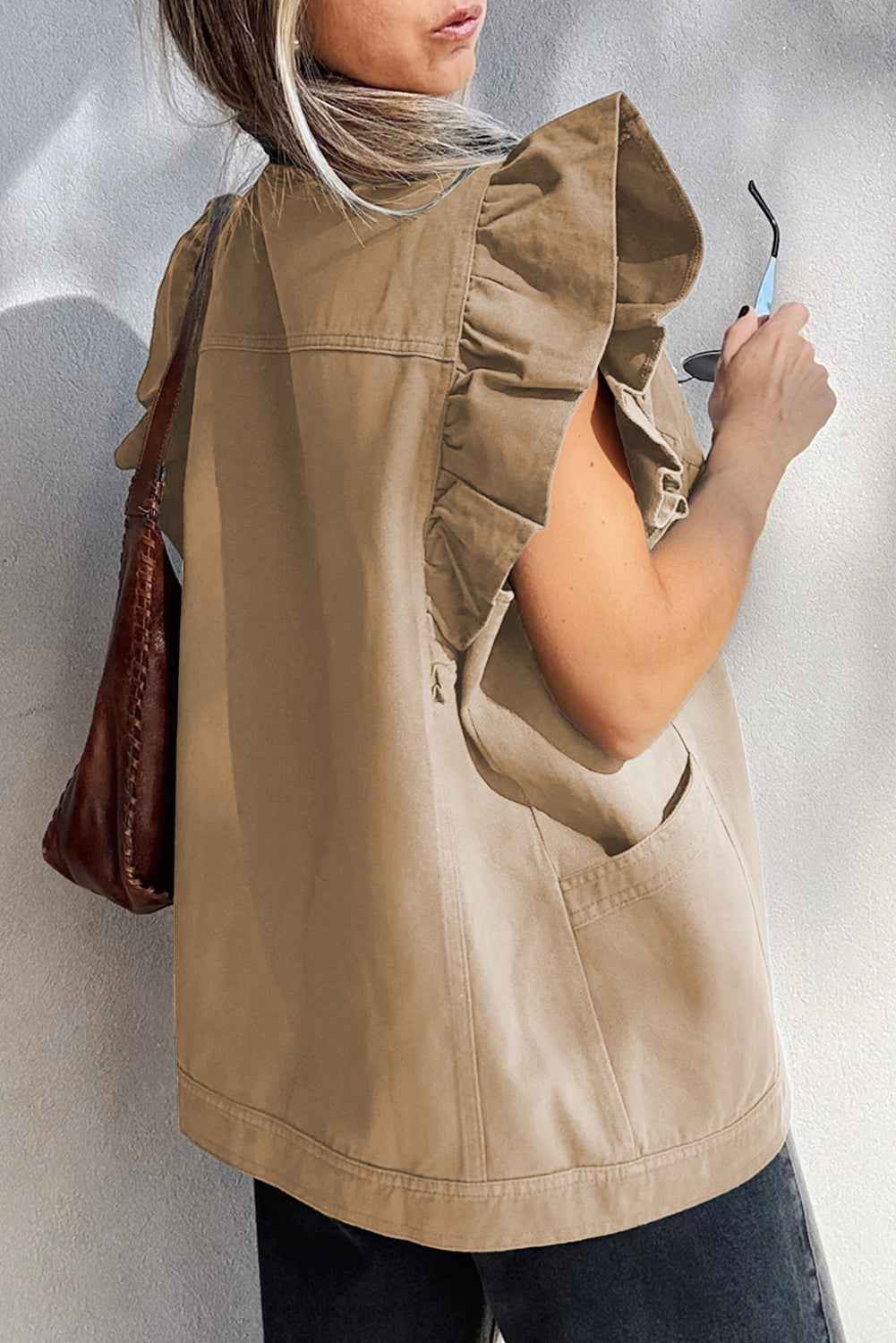 Pale Khaki Ruffle Plain Denim Jacket Vest c2e1fbcda01431f9