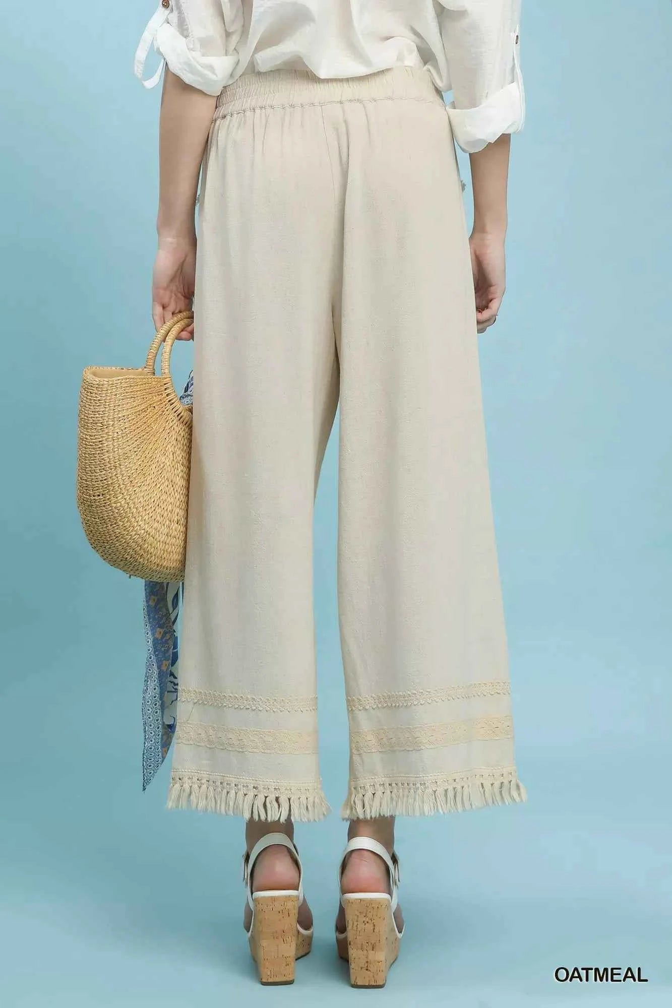 Umgee Lace Trim Fringe Hem Wide Leg Pants