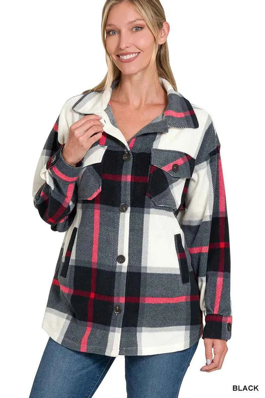 Oversized Plaid Fleece Shacket BLACK c2ece6ce-3e71-4335-8633-51ff152a7ea4-Max-Origin