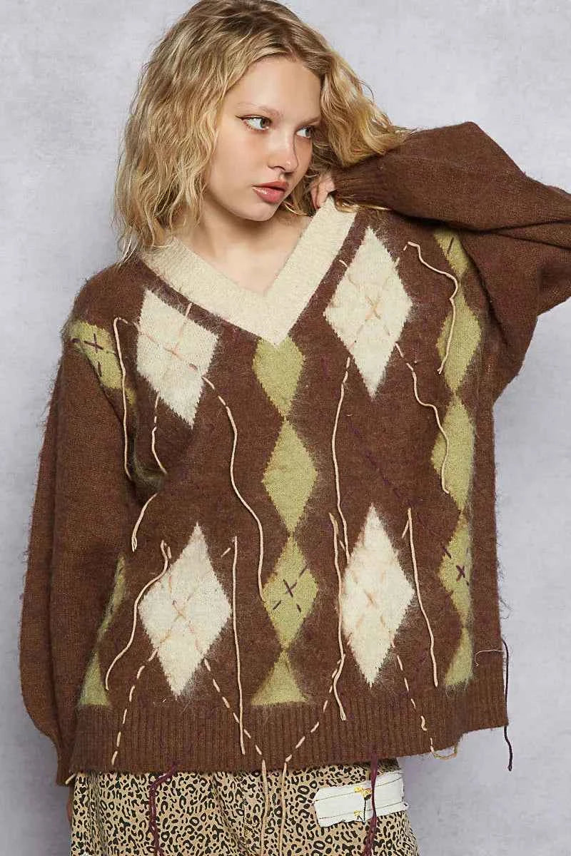 POL V-Neck Argyle Pattern Mohair Sweater with Contrast Exposed Stitch Detail c2edff75-dfca-430a-9a64-2fa45587bfb6-Max-Origin