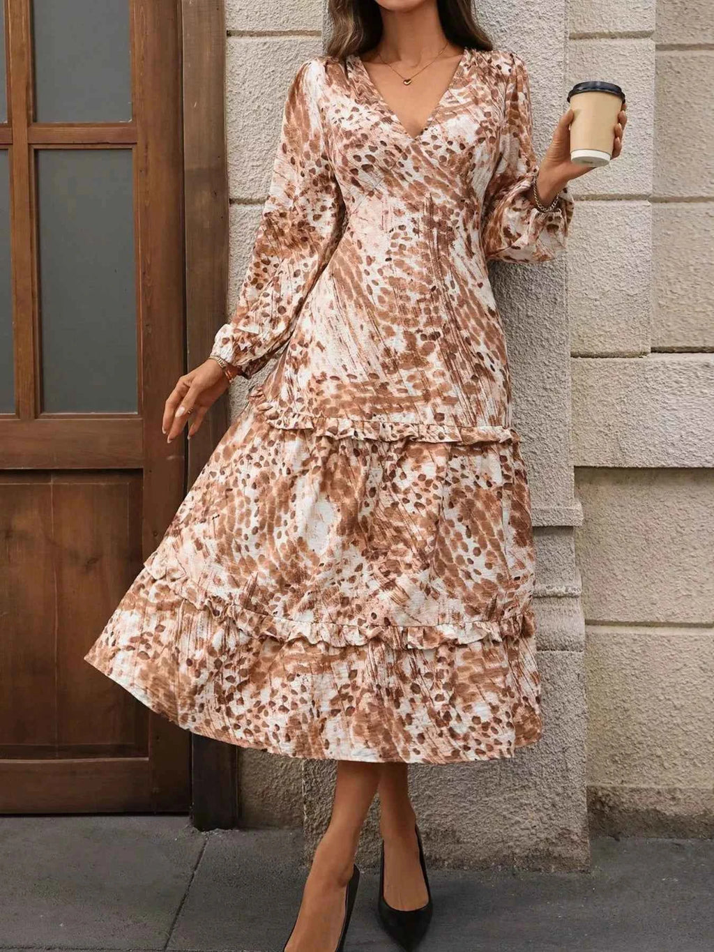 Ruffled V-Neck Balloon Sleeve Dress c2efd85d-b735-4c98-a3ea-b78ccfeec2b9-Max-Origin
