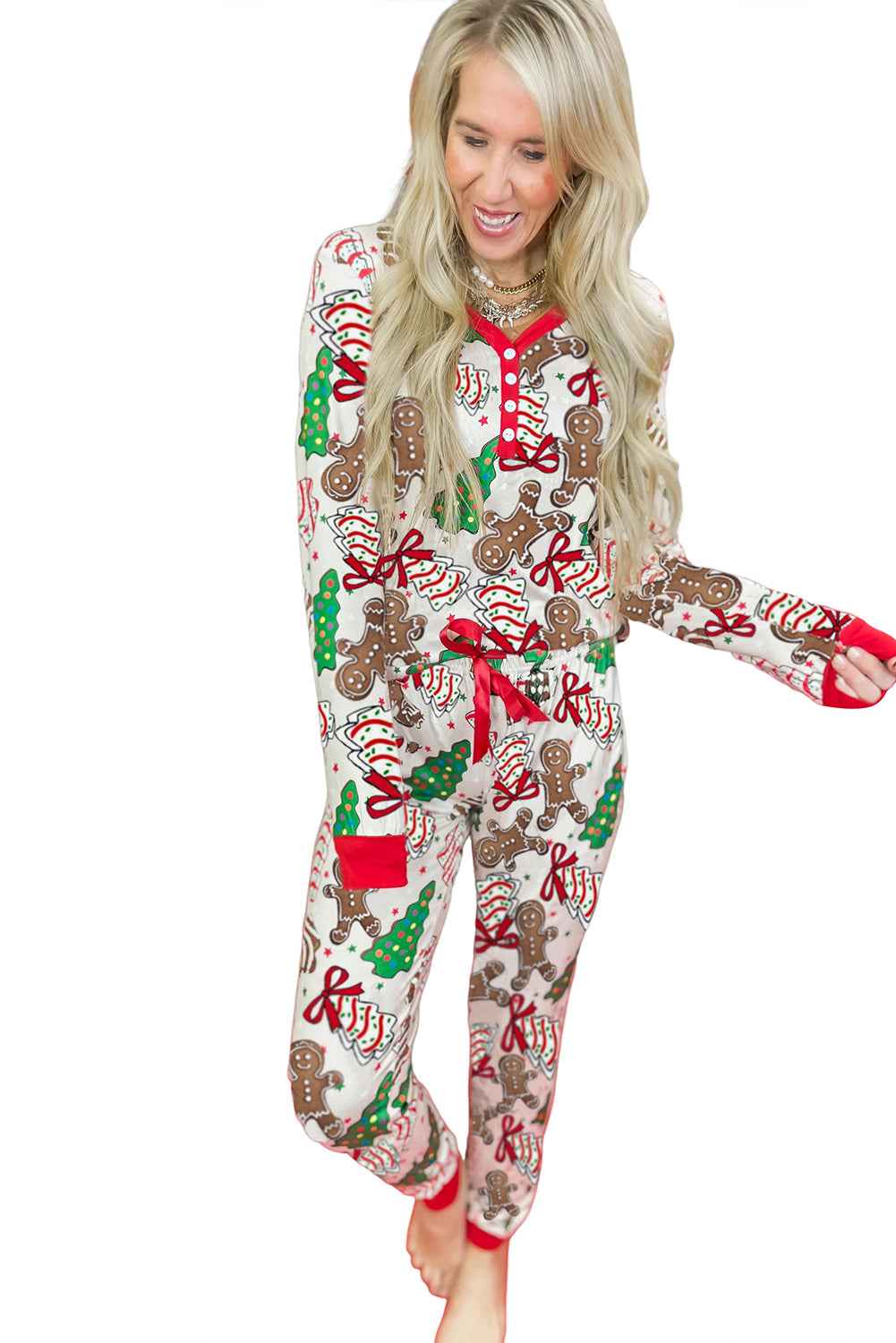 Pink Christmas Pattern Button V Neck Pullover Drawstring Pants 2pcs Lounge Set c2f04f011841029a