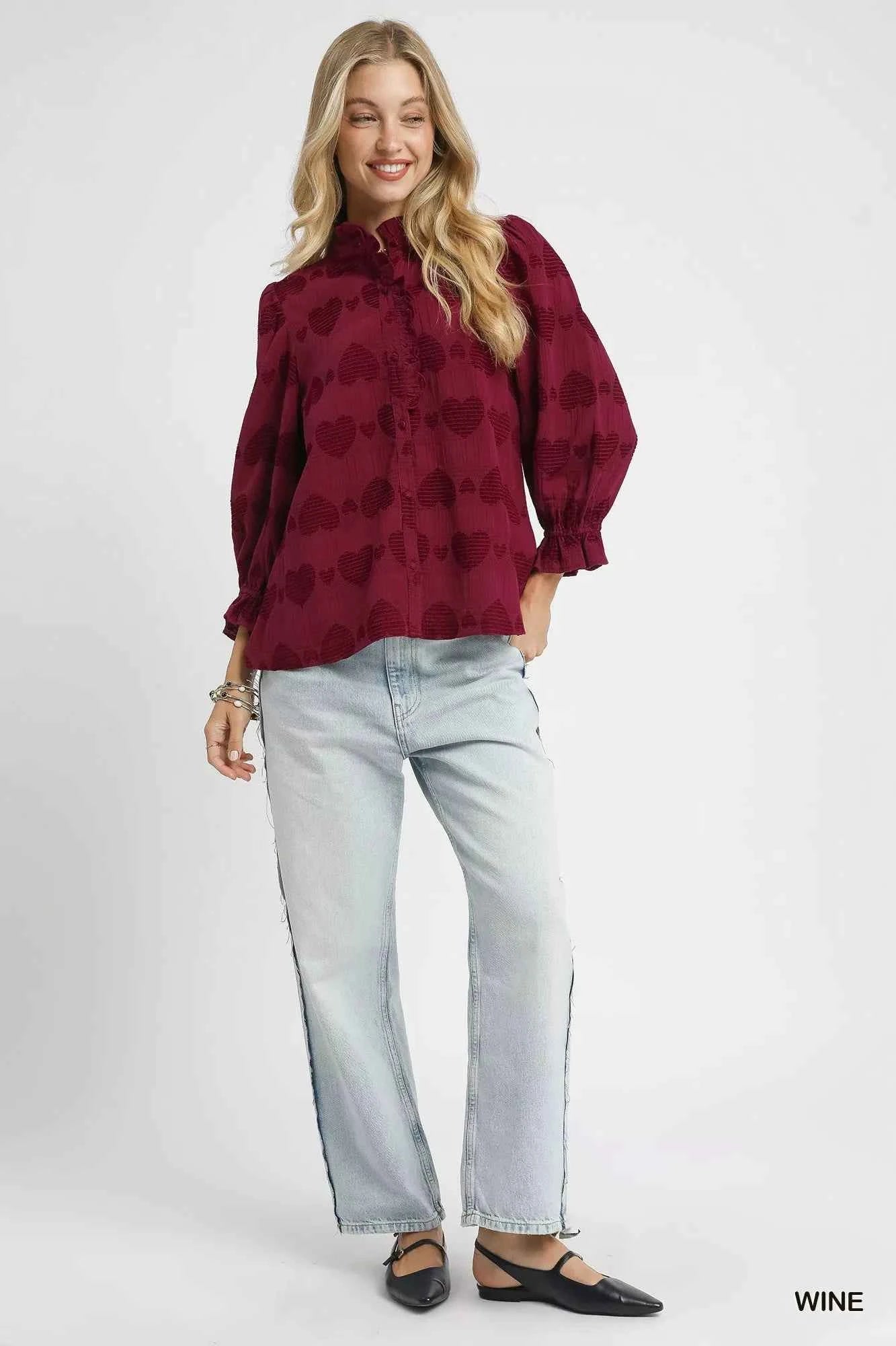 Umgee Heart Jacquard Ruffle Trim Shirt c2f07bb5-de4b-47c2-b406-0bce4250ab8a-Max-Origin