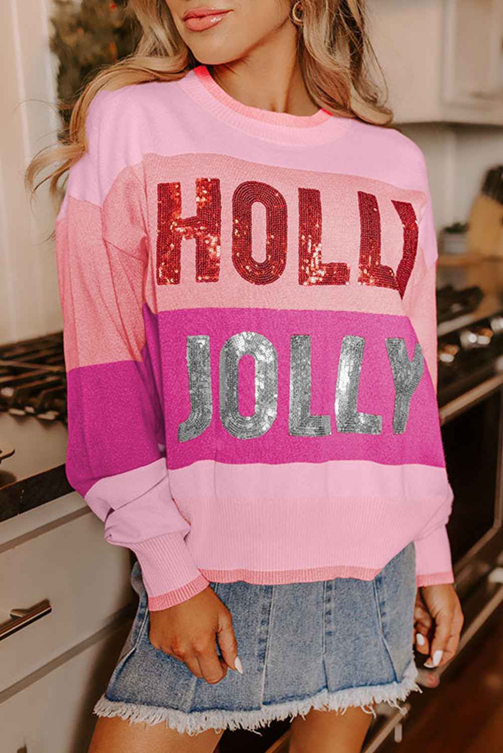 Pink HOLLY JOLLY Sequined Color Block Crew Neck Sweater Pink 52%Viscose+26%Polyester+22%Polyamide c2f591208d2cf528