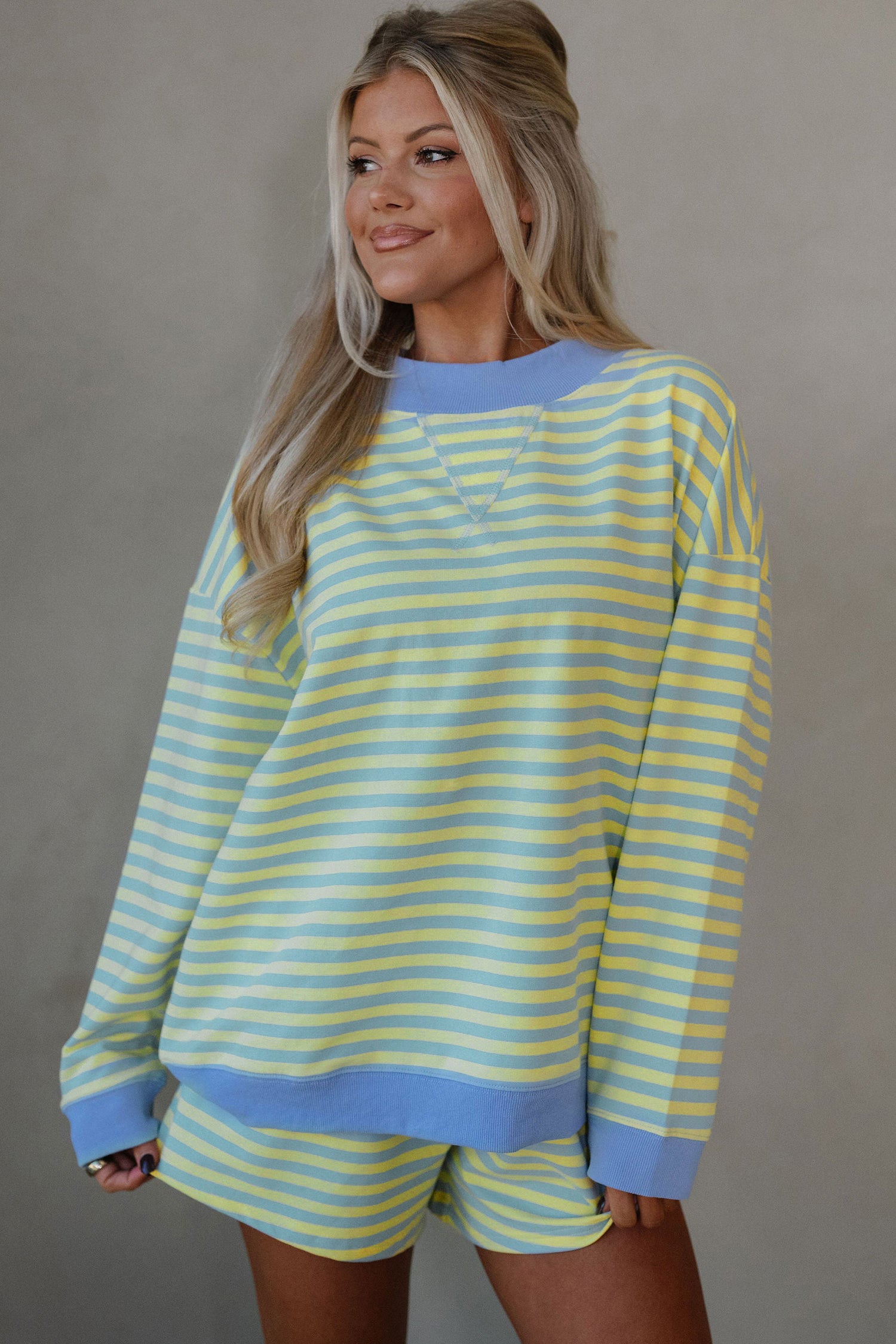 Yellow Stripe Color Block Detail Long Sleeve Pullover Elastic Waist Pull On Shorts 2pcs Set c2f82a04a3348562