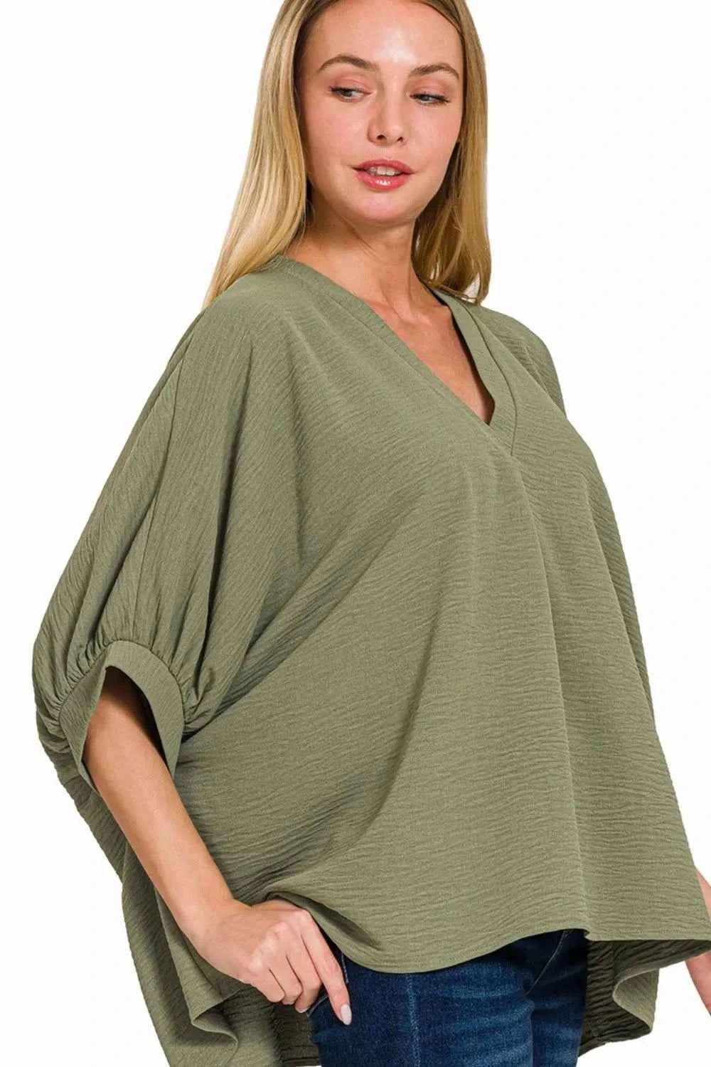 Zenana Woven Airflow V-neck Puff Half Sleeve Top c2f99363-65c6-4e9b-8a93-0cdb2dda4af6-Max-Origin