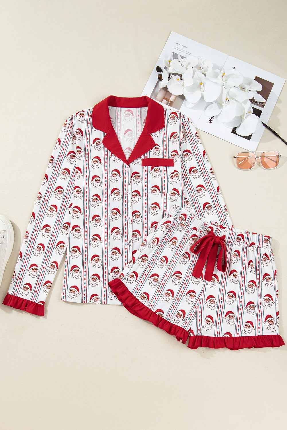 White Christmas Santa Claus Contrast Ruffle Trim Pajama Set c2f9e368a356abed