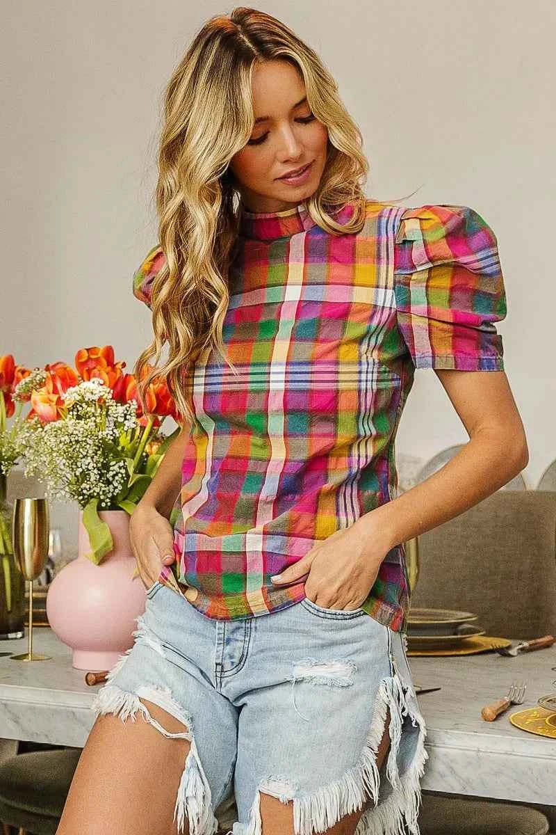 BiBi Short Puff Sleeve Washed Vintage Plaid Top c2fb2dceddb342e4b32dfb8e95d1cbc2-Max-Origin