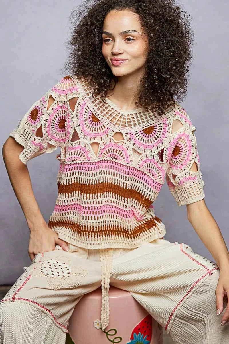 Weave Pattern Short Sleeve Crochet Top with Border Accents PINK MULTI One Size c2fd6975-fe5e-4897-a8eb-a4b672901cac-Max-Origin