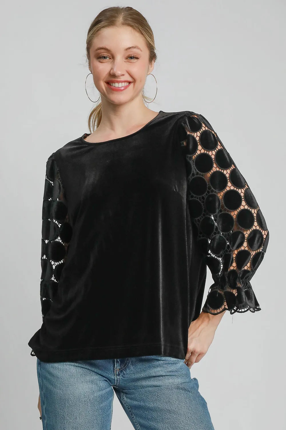 Umgee Polka Dot Lace Long Sleeve Round Neck Blouse Black c3000f8c-01a9-4f61-a371-2c32a71b9291-Max