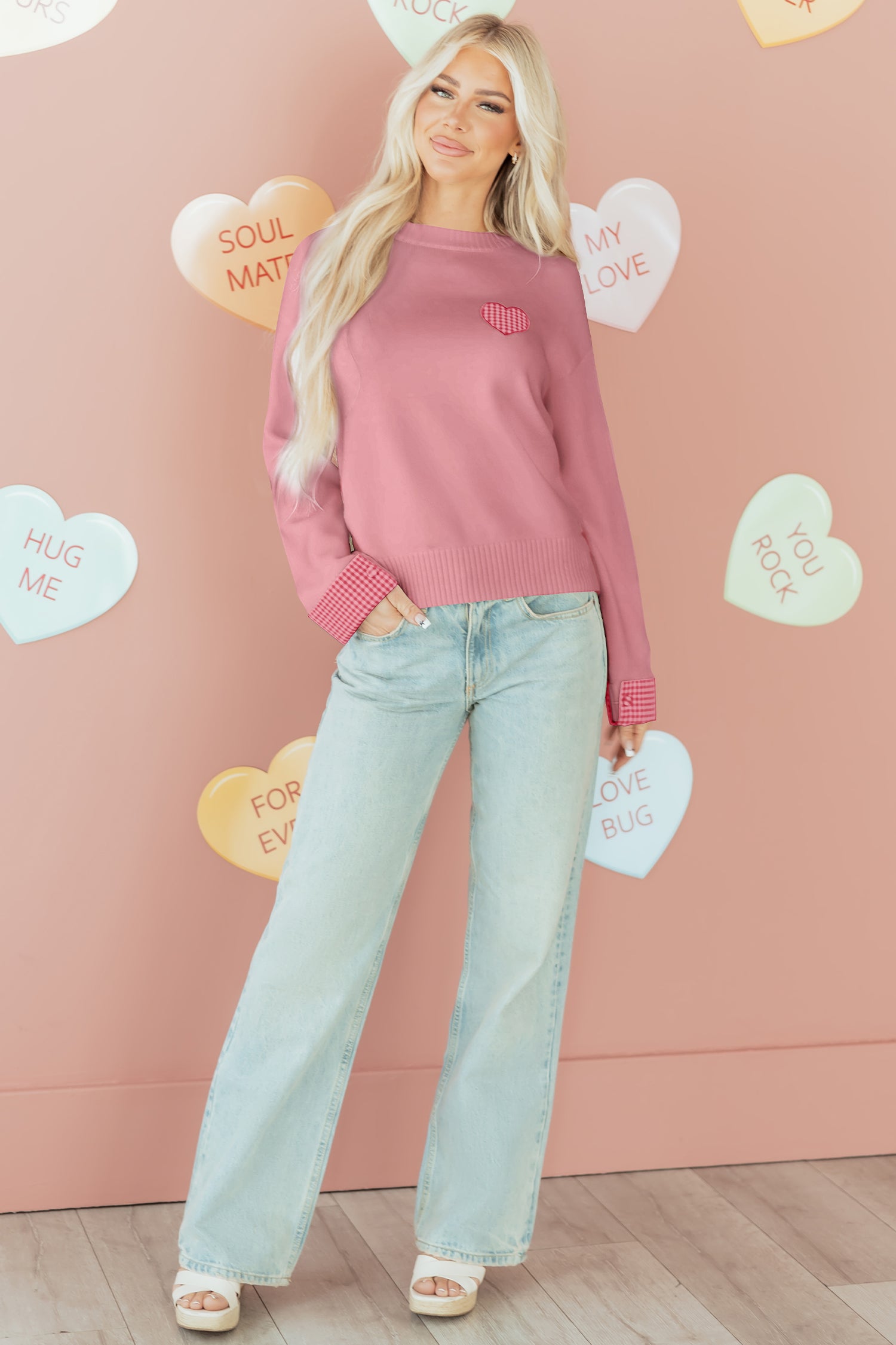 Light Pink Plaid Heart Embroidered Cuffed Drop Shoulder Crew Neck Sweater c3091f883518b426