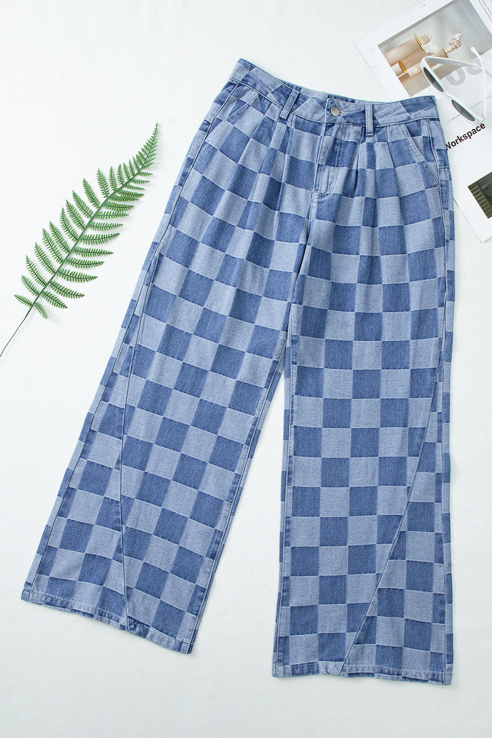 Dusk Blue Checkered Light Washed Wide Leg Jeans c30a3b28b13d19c7