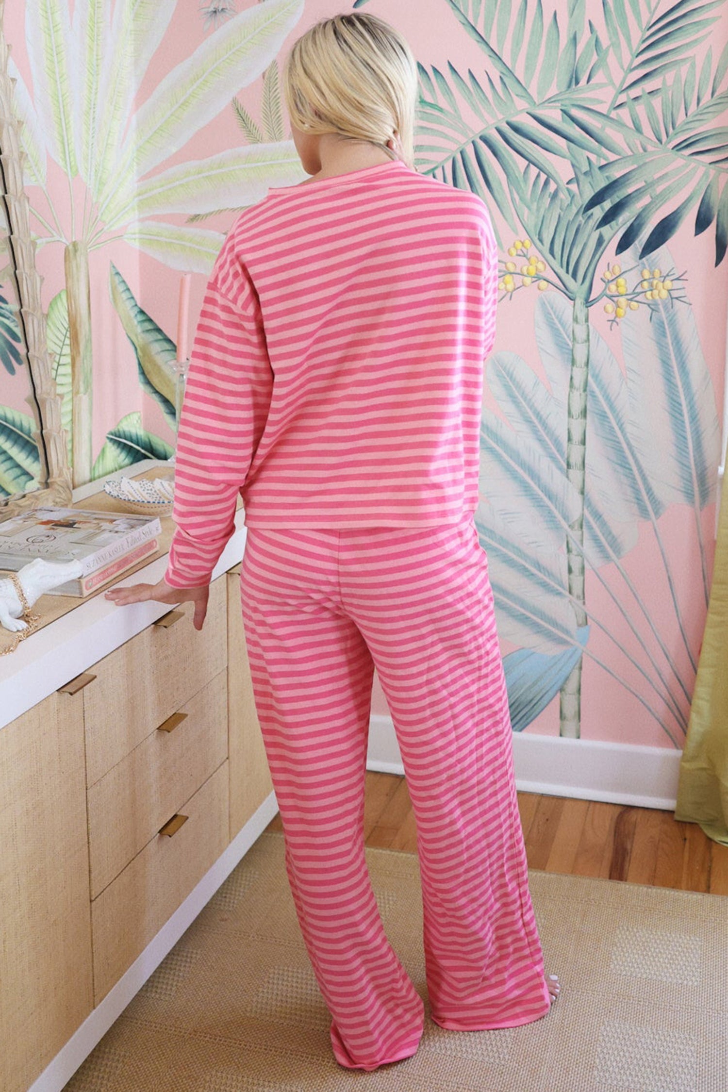 Rose Stripe Drop Shoulder Round Neck Top and Buttoned Straight Pants Two Piece Set c30b0ae86acff853